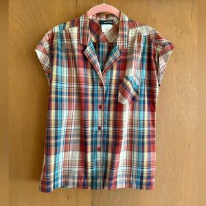 Vintage Red Plaid Short Sleeve Button-Up Top